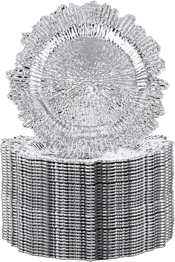 32 Pack Charger Plates Set Reef Chargers for Dinner Table Serving Tray Floral Plastic Decorative Plates for Table Setting Wedding Party, 13 Inch(Silver)