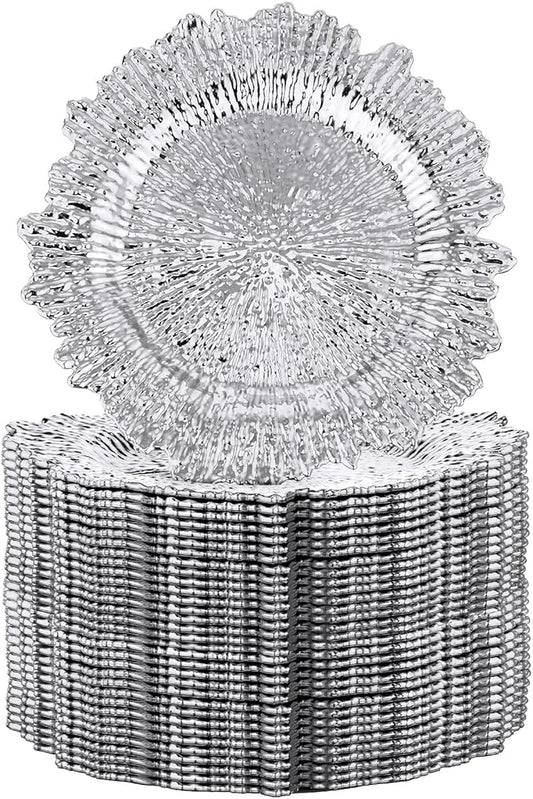 32 Pack Charger Plates Set Reef Chargers for Dinner Table Serving Tray Floral Plastic Decorative Plates for Table Setting Wedding Party, 13 Inch(Silver)