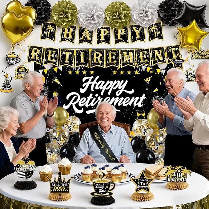 Retirement Party Decorations, Black Gold Happy Retirement Decorations for Women Men Happy Banner & Backdrop Hanging Swirls Foil Balloon Retire Sash Paper PomPoms and Honeycomb Centerpieces