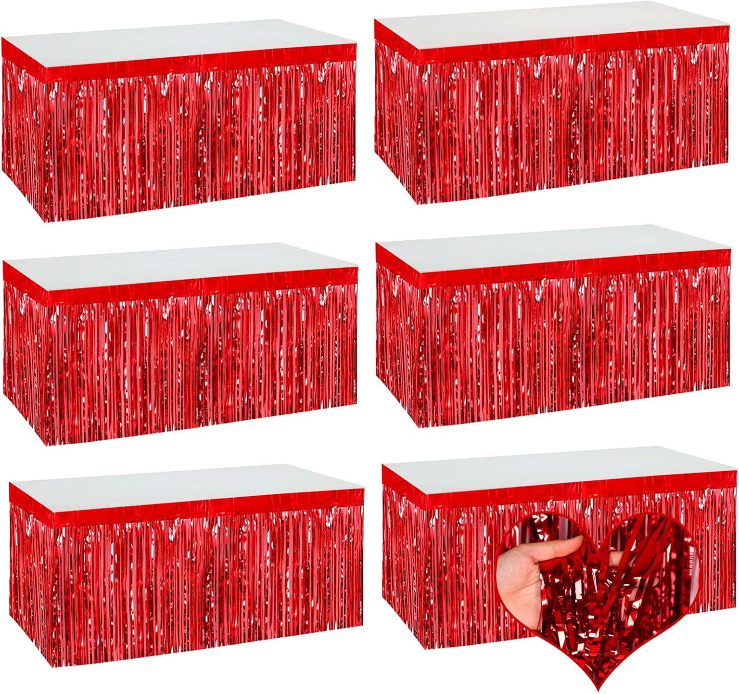6 Pack 29x108 Inch Red Metallic Foil Fringe Table Skirts Banner for Tinsel Streamer Garland Curtains Backdrop for Parade Floats Wedding Baby Shower Birthday Christmas Halloween Party Decoration