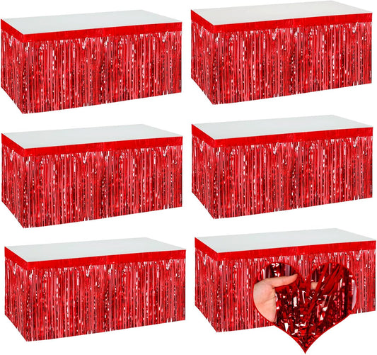 6 Pack 29x108 Inch Red Metallic Foil Fringe Table Skirts Banner for Tinsel Streamer Garland Curtains Backdrop for Parade Floats Wedding Baby Shower Birthday Christmas Halloween Party Decoration
