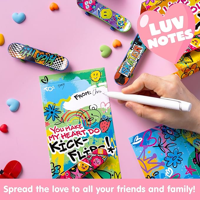 JOYIN 28 Pcs Valentines Day Finger Skateboards with Cards for Kids, Valentine Party Favor, Greeting Cards, Classroom Exchange Prizes, Holiday Reward Gifts, Finger Skateboard Toys