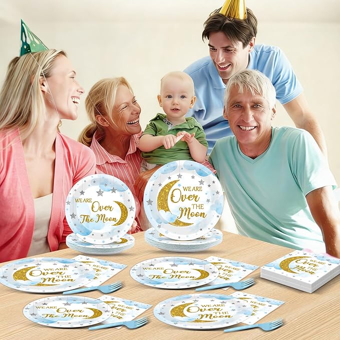 96Pcs Moon and Stars Party Paper Plates and Napkins Blue Moon Celestial Baby Shower Party Supplies Tableware Gender Reveal Little Star Birthday Disposable Plates for Birthday Gatherings Decorations