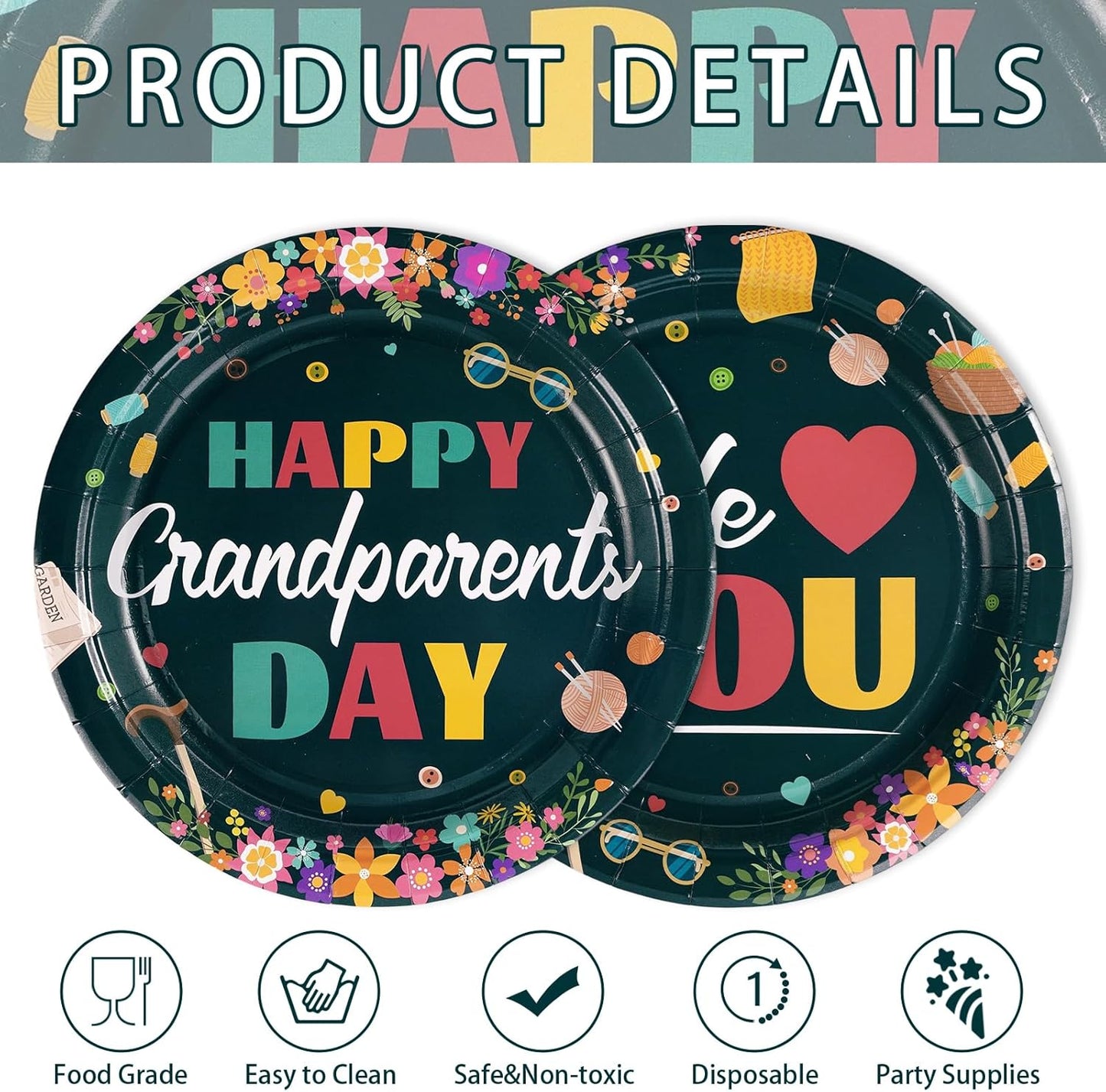 Grencian 50Pcs Grandparents Day Party Supplies 9'' Happy Grandparents Day Paper Plates Grandma and Grandpa Disposable Tableware for Grandma and Grandpa Home Party Supplies