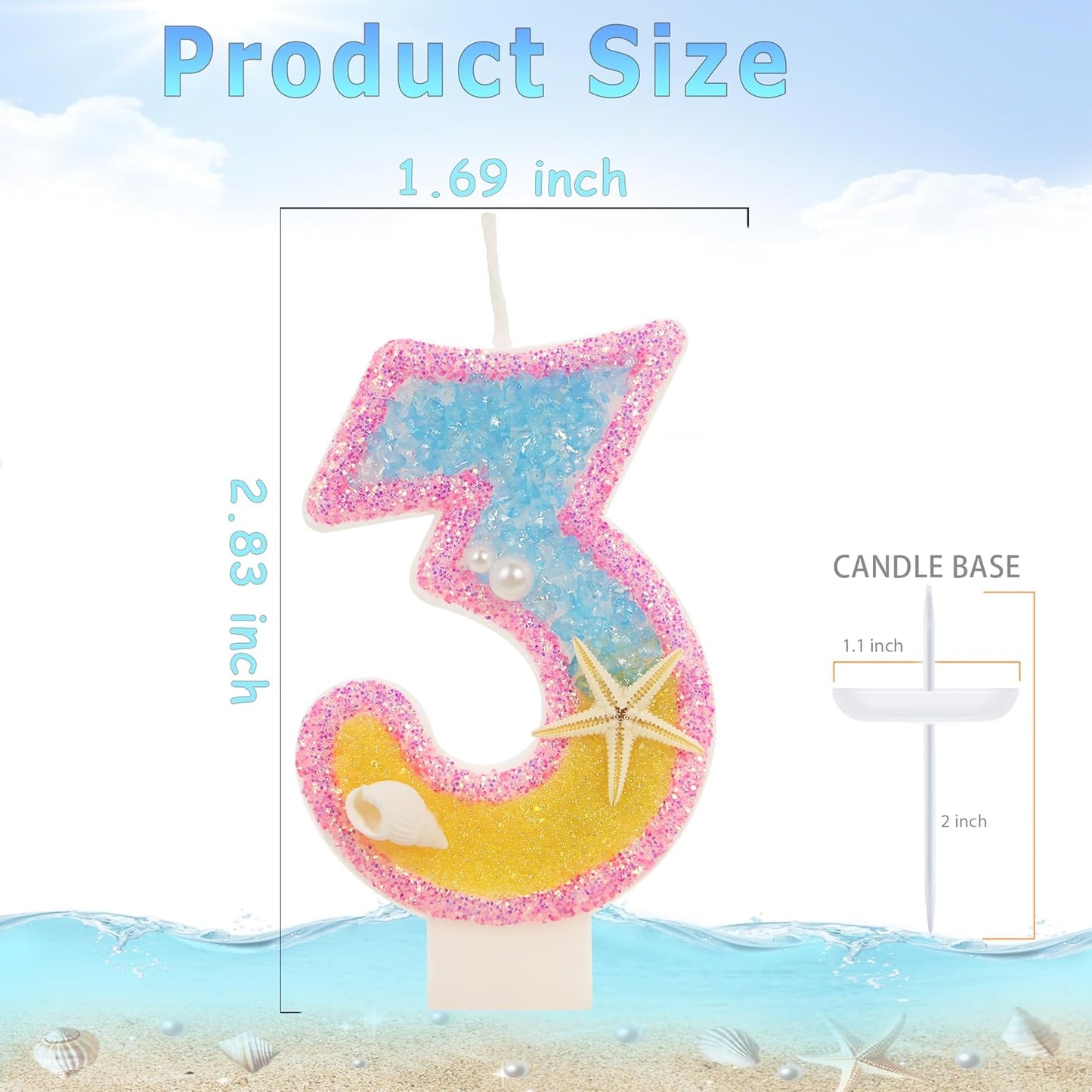 3rd Birthday Candle for Cake, Pink Beach Starfish Sequins Number Cake Candles, 2.76 inch Pink Cake Topper Decoration for Birthday Party (Number 3)