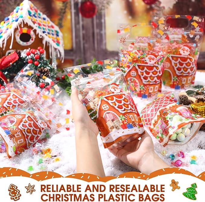 Blosssound 50 Pcs Christmas Party Gift Bags Gingerbread House Favor Bags Xmas Holiday Plastic Bags with Handle for Christmas Holiday Party Candy Guests Gift Wrapping Supplies Decor (Gingerbread House)