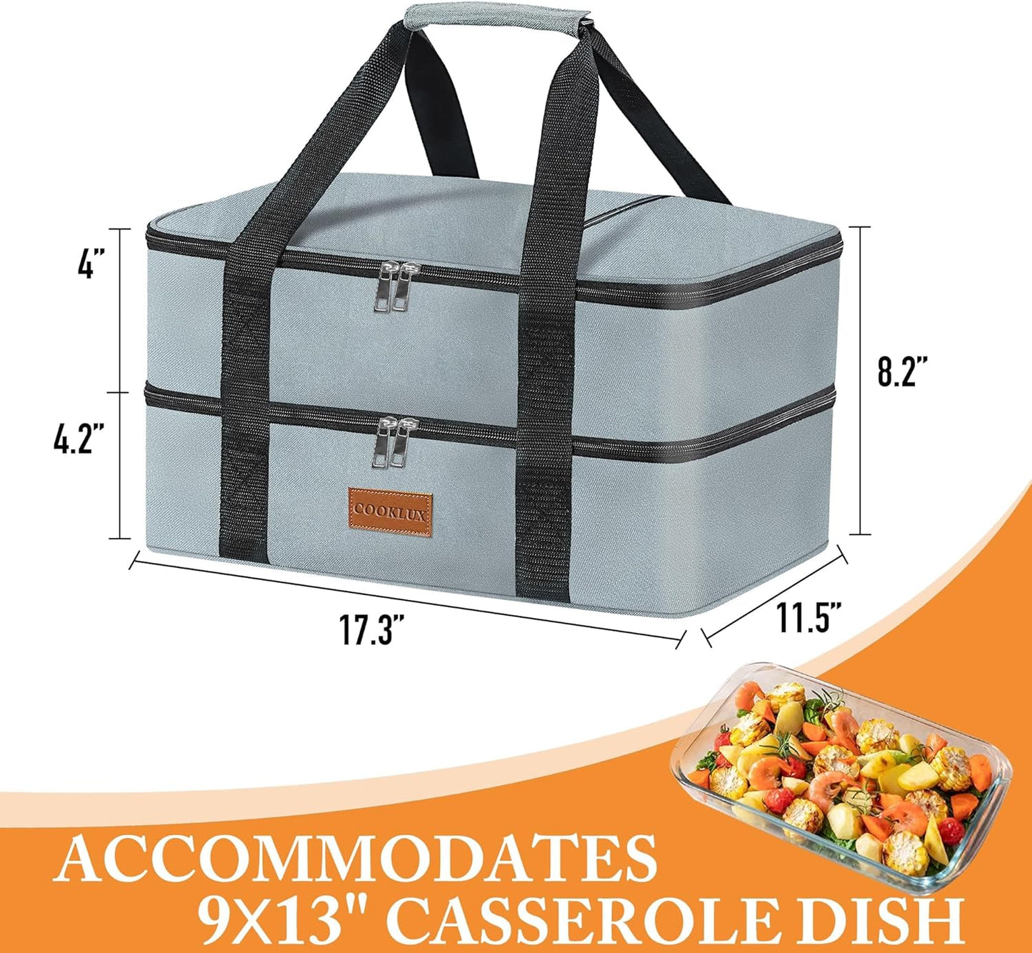 Double Decker Insulated Casserole Carrier for Hot or Cold Food, Food Warmer Bag for Potluck Parties/Picnic/Cookouts, Fits 9"x13" Baking Dish, Leak Proof Travel Food Containers, Durable Nylon, Grey