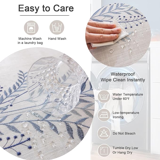 Joyfol Day Rustic Waterproof Linen Tablecloth, Heavy Weight Fern Embroidery Table Cloths for Rectangle Tables, Farmhouse Spill-Proof Table Covers with Tassels, Blue 55''x 102''