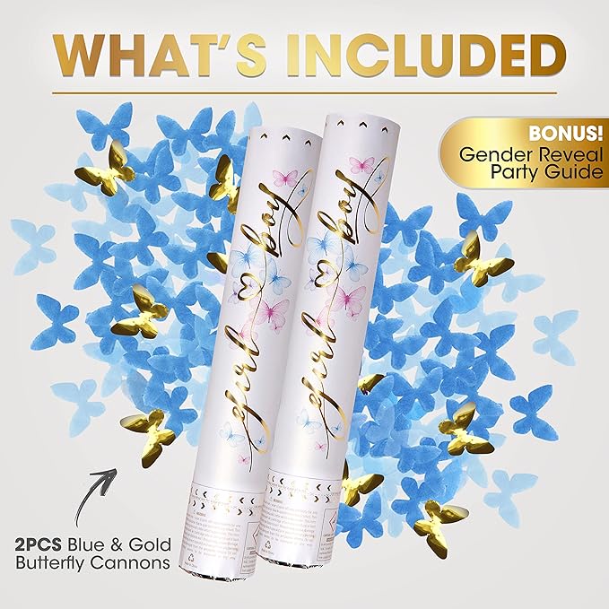 PrimePure Gender Reveal Confetti Cannon - Butterfly Shaped Confetti Poppers - Blue, 2 Pack - Baby Boy Gender Reveal Party Poppers Shooters - Blue Paper Butterflies Baby Shower Party Supplies Pop Gun