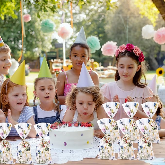 Tinoaly 50pcs Wildflower Party Plastic Goodie Bags, Clear Floral Butterfly Candy Cellophane Bags Wildflower Party Favor Decorations for Birthday Baby Shower Snack Cookie Gift Packing