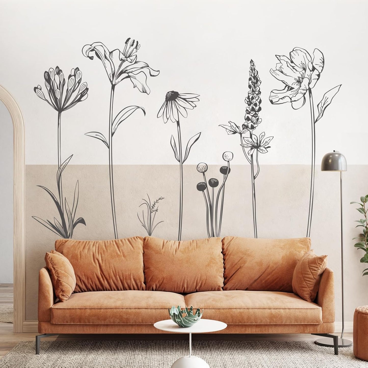 Large Boho Black Flower Wall Decals Simple Sketch Wildflower Floral Wall Stickers for Girls Bedroom Living Room Bathroom Office Adult Home Decor