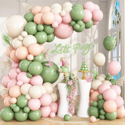 Sage Green Pink Balloon Garland Arch Kit, 148Pcs Pink and Green Sand White Neutral Balloons for Baby Shower Wedding Bridal Shower Birthday Party Decorations