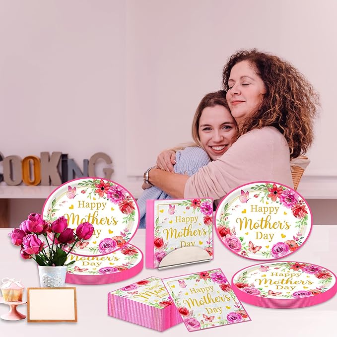 Mothers Day Party Decorations,100pcs Oval Mother's Day Plates and Napkins Floral Disposable Mother Day Tableware Set for Happy Mothers Day Party Supplies,Serve 50