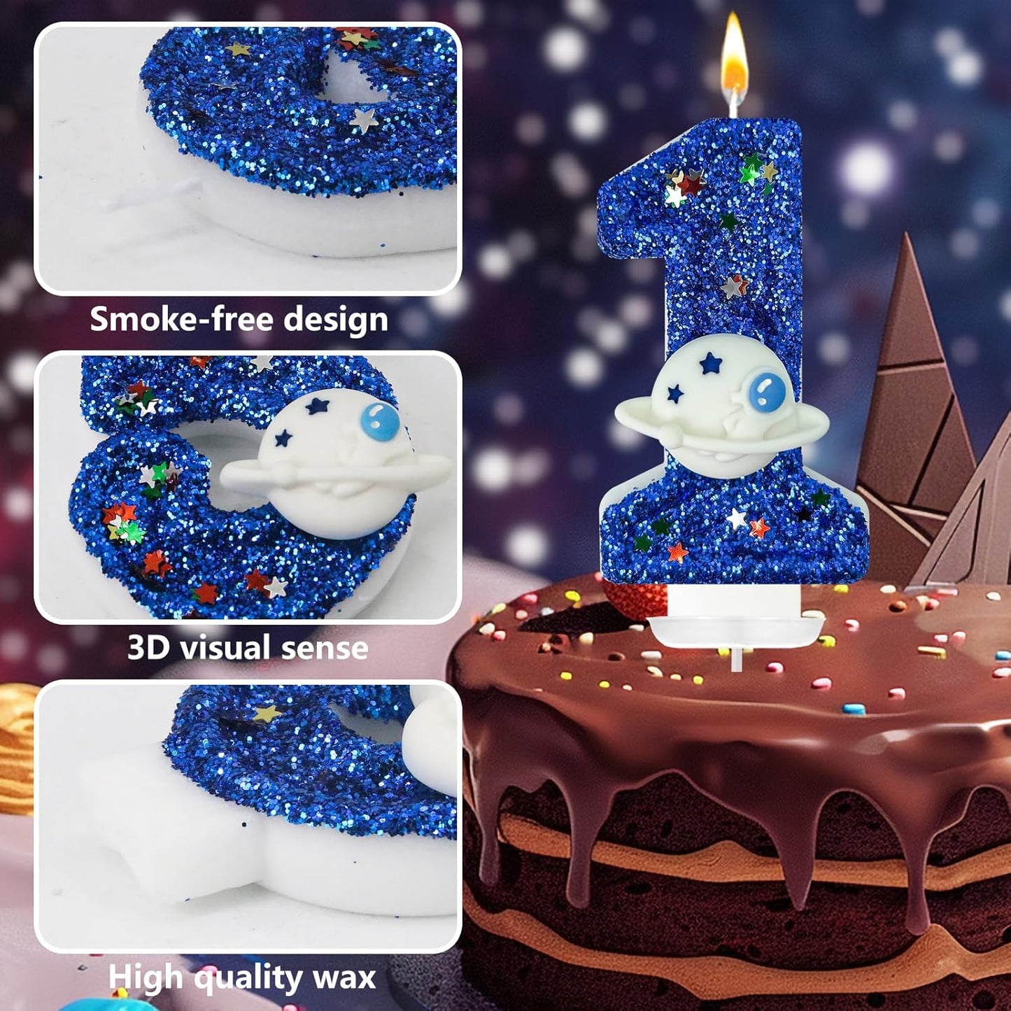 HXOUSE Spaceship Number 1 Birthday Candles - Outer Space Universe Birthday Candles for Cake, 1 Candle Topper for Anniversary Celebrations, Astronaut Rocket Party Decorations for Boys