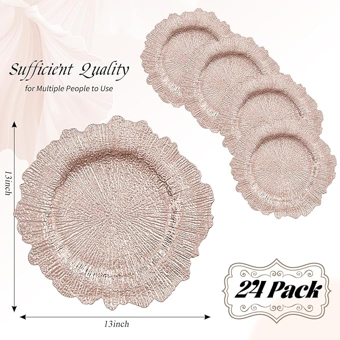 24 Pack Rose Gold Charger Plates Bulk, 13" Plastic Reef Chargers for Dinner Plates, Round Charger Plate with Floral Reef Design for Dinner Wedding Party Table Setting Decoration