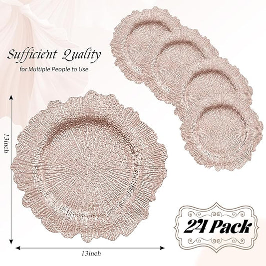 24 Pack Rose Gold Charger Plates Bulk, 13" Plastic Reef Chargers for Dinner Plates, Round Charger Plate with Floral Reef Design for Dinner Wedding Party Table Setting Decoration