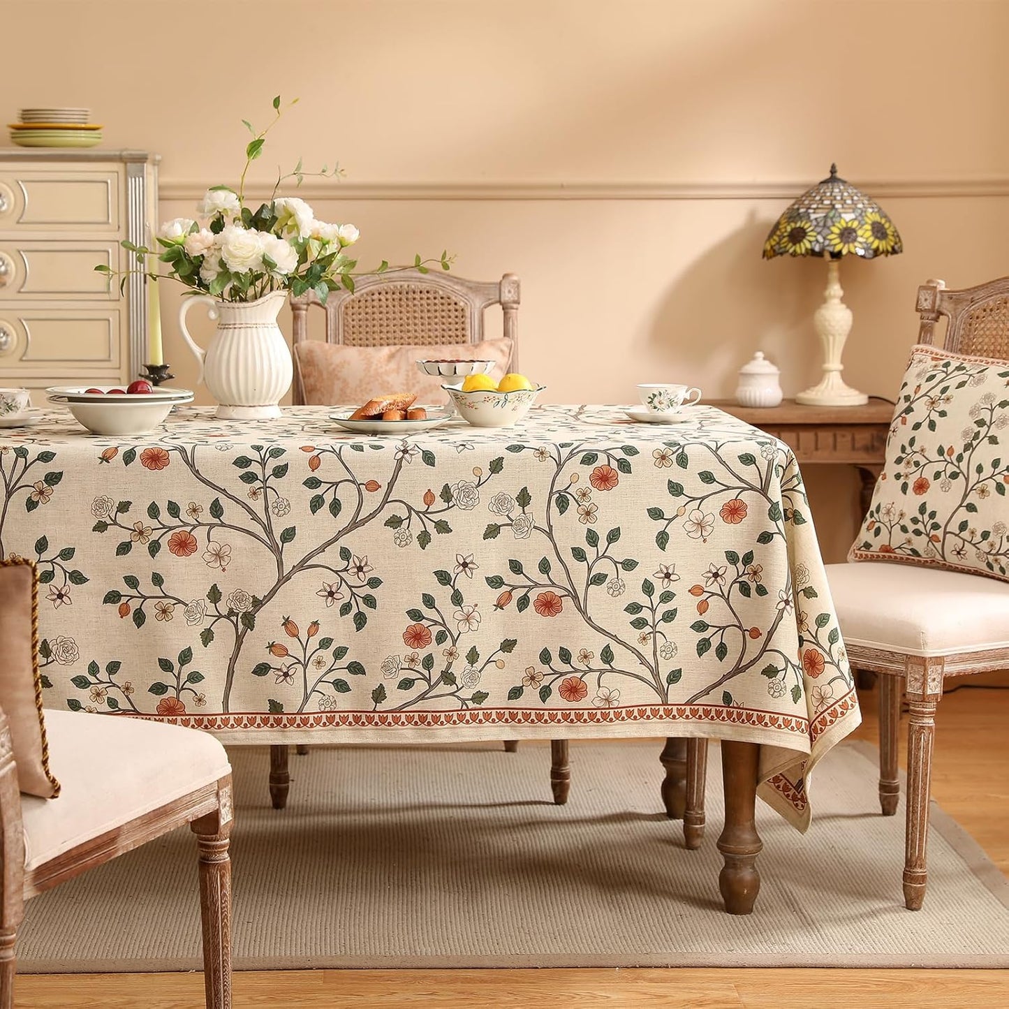 ISAENNE Designer Floral Small Rectangle Tablecloth,French Linen Light Beige Indoor Table Cloth,Fall Wrinkle Resistant Decor Tablecloths for Dining Thanksgiving Kitchen,55"*71"-Flora A