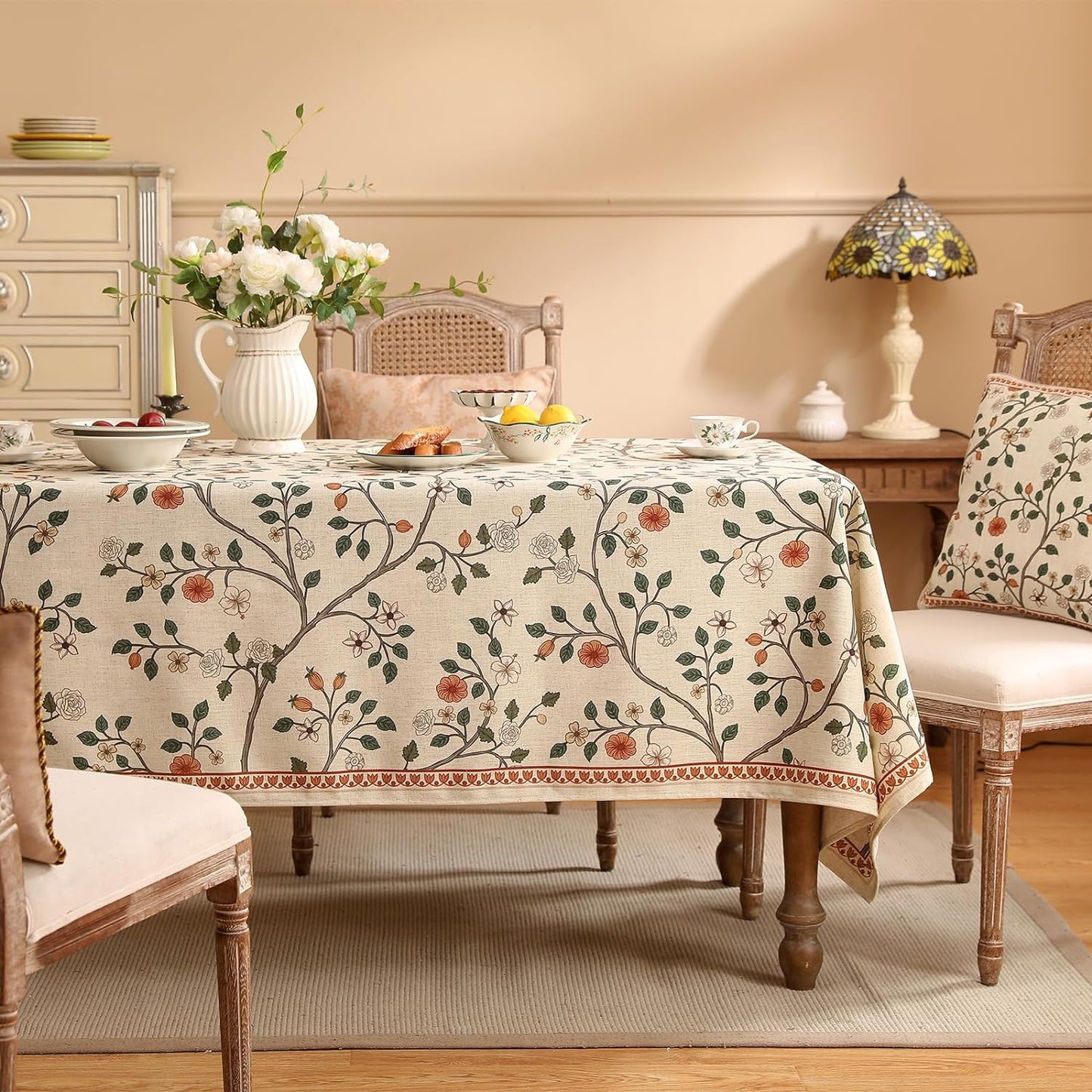 ISAENNE Designer Floral Long Rectangular Tablecloth,French Linen Light Beige Indoor Table Cloth,Fall Wrinkle Resistant Decor Tablecloths for Dining Thanksgiving Kitchen Party,63"*94"-Flora A