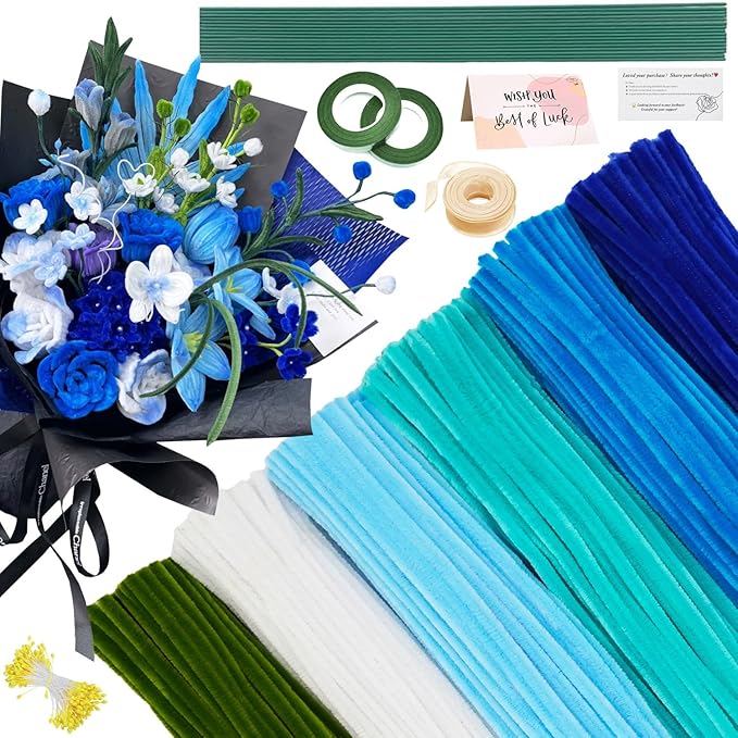 AHAMETON 620 Pcs Blue Pipe Cleaners Bulk,6 Colored Pipe Cleaners Craft,Chenille Stems for DIY Flower Bouquet Kit with Floral Wire,Creative Gift Eternal Flowers Supplies for Party Decorations