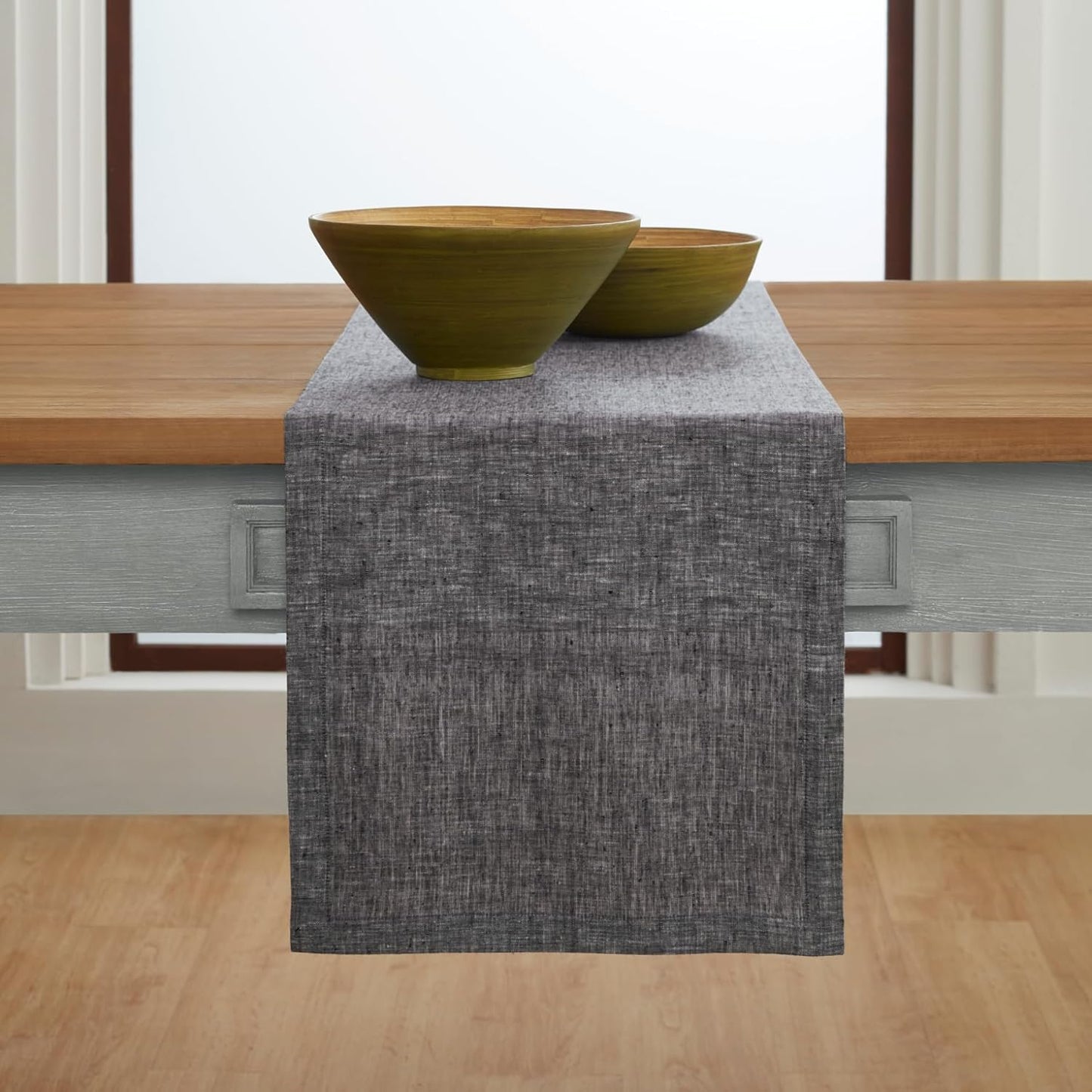 Solino Home Linen Small Table Runner 36 Inches - Athena, 100% Pure Linen Chambray Black Table Runner 14 x 36 Inch Ideal for Dresser and Coffee Tables - Halloween, Thanksgiving, Holiday