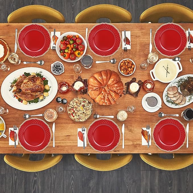 Red Scallop Charger Plates, Set of 6 Plastic Wedding Bulk Plate Charges for Dinner Plates, Table Decoration, Holiday, Thanksgiving, Christmas.