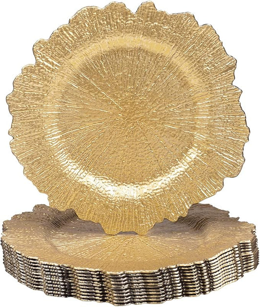 MAONAME 13" Gold Charger Plates, Round Reef Chargers for Dinner Plates, Plastic Plate Chargers for Table Setting, Wedding Decor, Set of 12