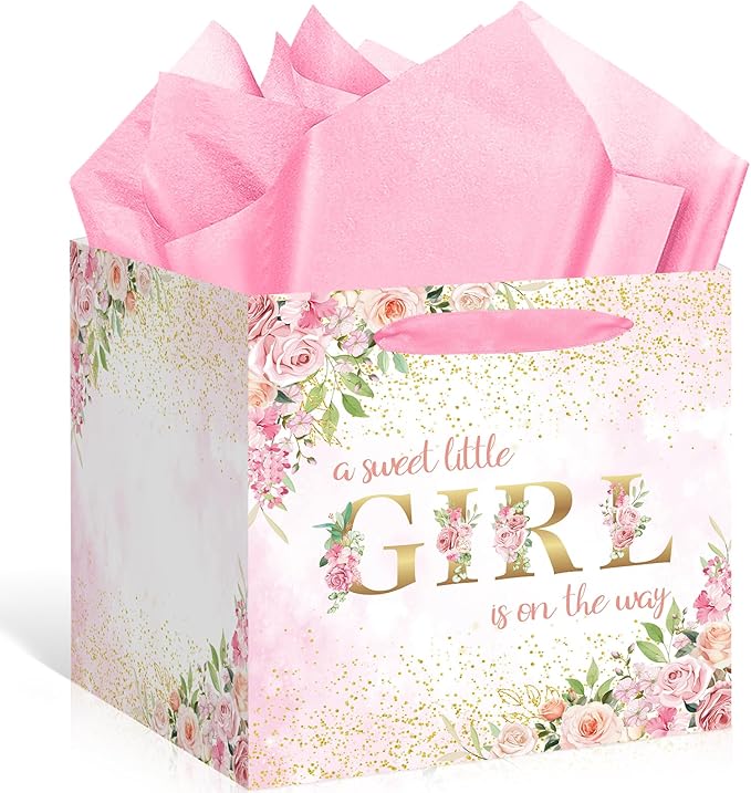 Extra Large Baby Girl Gift Bags - Pink Floral Baby Shower Square Gift Bag A Sweet Little Girl is on the Way Wrapping Paper Bag for Newborn Congratulations Gifts Gender Reveal Party Favors Decor