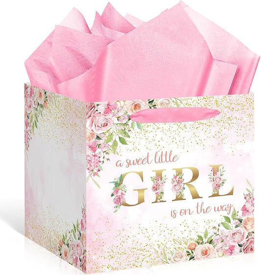 Extra Large Baby Girl Gift Bags - Pink Floral Baby Shower Square Gift Bag A Sweet Little Girl is on the Way Wrapping Paper Bag for Newborn Congratulations Gifts Gender Reveal Party Favors Decor