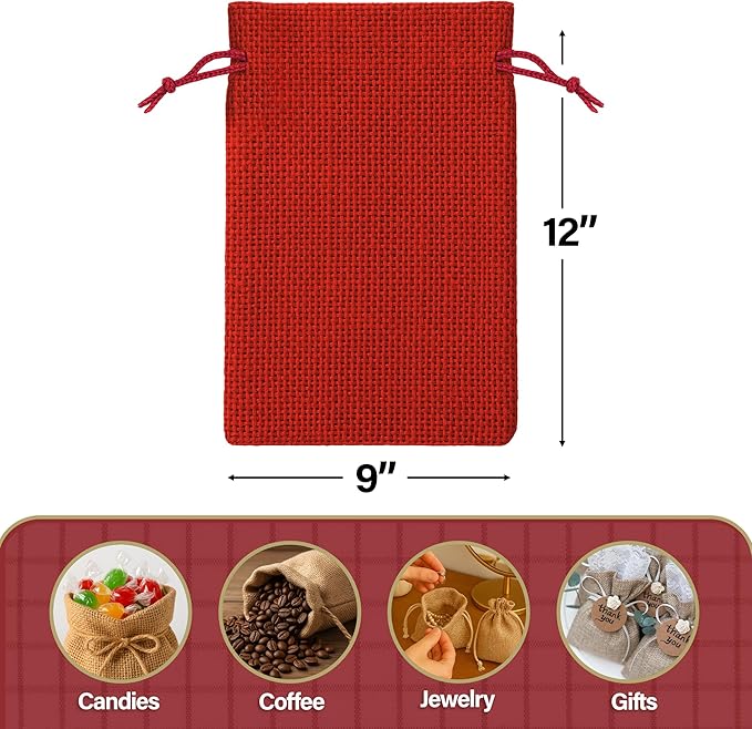 Mandala Crafts 9X12 Inch Red Burlap Drawstring Gift Bags for Favors - 20 Large Linen Sacks Gift Pouches for Candy, Coffee, Jewelry, Wedding, and Party Supplies