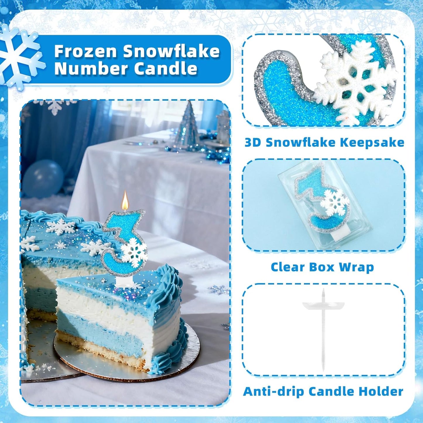 Frozen Themed Birthday Candles Party Decorations, Blue and Silver Number 3 Birthday Candle, Happy Birthday Candle for Cake, Snowflake Cake Topper Decoration for 3rd 3 Year Old Party Favor Supplies