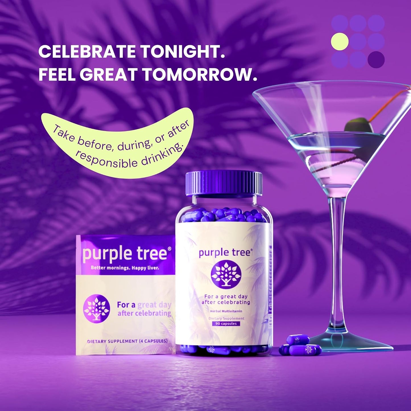 Purple Tree Post-Celebration Wellness | Liver Support, Hydration & Replenisher | Dihydromyricetin DHM, Milk Thistle, Electrolytes, Vitamins | Bachelorette & Bachelor Party Kits, 30 Packets (120 pills)