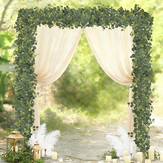 Eucalyptus Garland Faux Silk Leaf Silver Dollar Artificial Greenery Fake Hanging Eucalyptus Leaves Garland for Table Wedding Party Indoor Outdoor Wall Mantle Room Home Decoration (2, 5.5 FT)