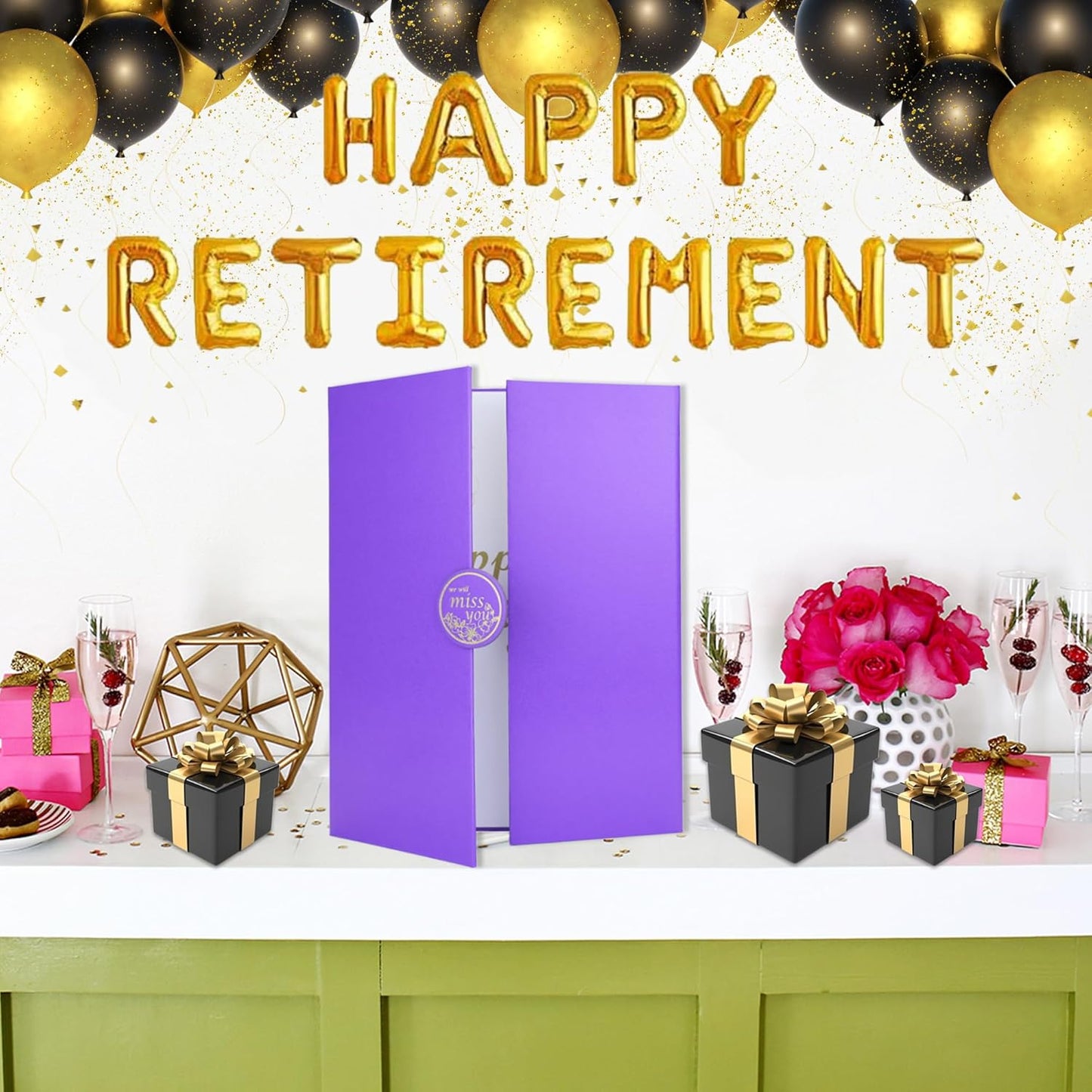 Large Retirement Card, Purple Gold Retirement Guest Book Alternative, Retirement Card for Man Woman, Happy Retirement Gifts Signature Board Book for Retirement Party Decorations