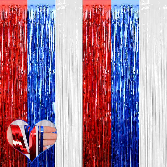 4 Pack 3.2Ft x 9.8Ft Independence Day Fringe Curtain Backdrop, Red Blue White Metallic Tinsel Foil Fringe Streamers Curtains Background for Photo Booth Birthday Wedding Carnival Party Decorations