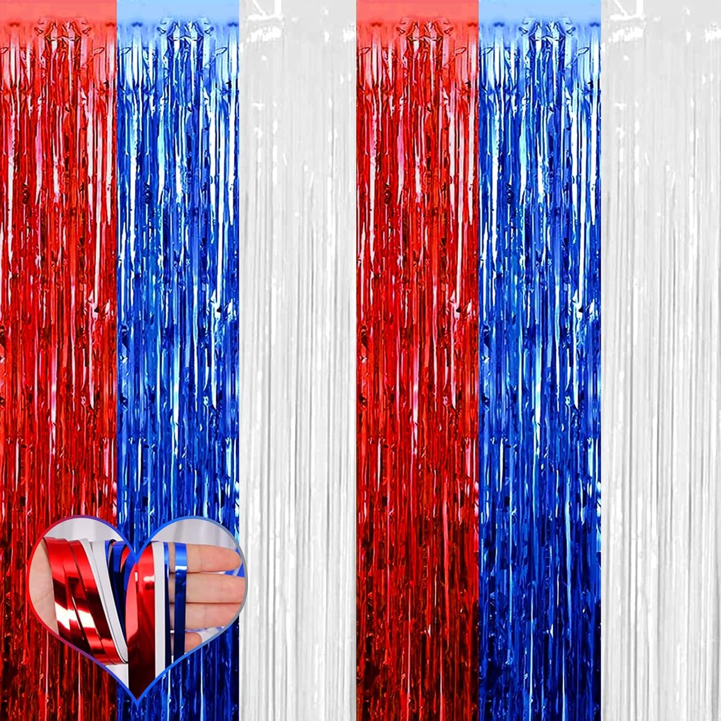 4 Pack 3.2Ft x 6.6Ft Independence Day Fringe Curtain Backdrop, Red Blue White Metallic Tinsel Foil Fringe Streamers Curtains Background for Photo Booth Birthday Wedding Carnival Party Decorations
