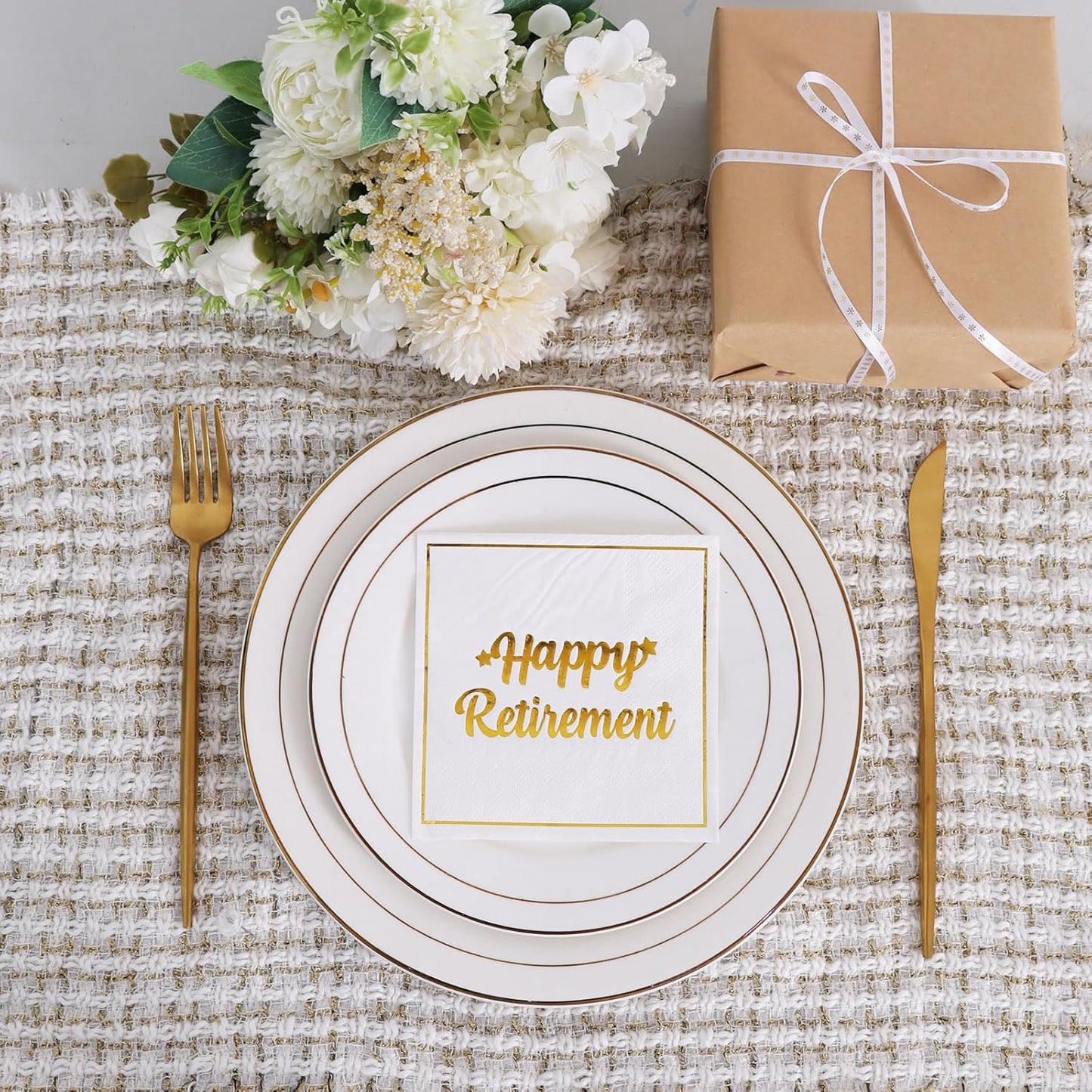 Vuzvuv 50 Pack Happy Retirement Cocktail Napkins - Disposable Paper Hand Napkins for Retirement Parties Farewell Gatherings Office Send-Off Party Decorations Table Decor (5" Folded 2 Ply - White)