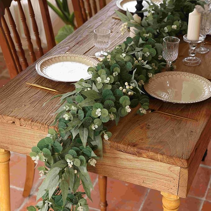 6Ft Artificial Eucalyptus Garland with Little White Berries, Real Touch Faux Eucalyptus Decor Vine for Table, Bedroom, Mantelpiece, Outdoor, Wedding Decorations (Foggy Green)