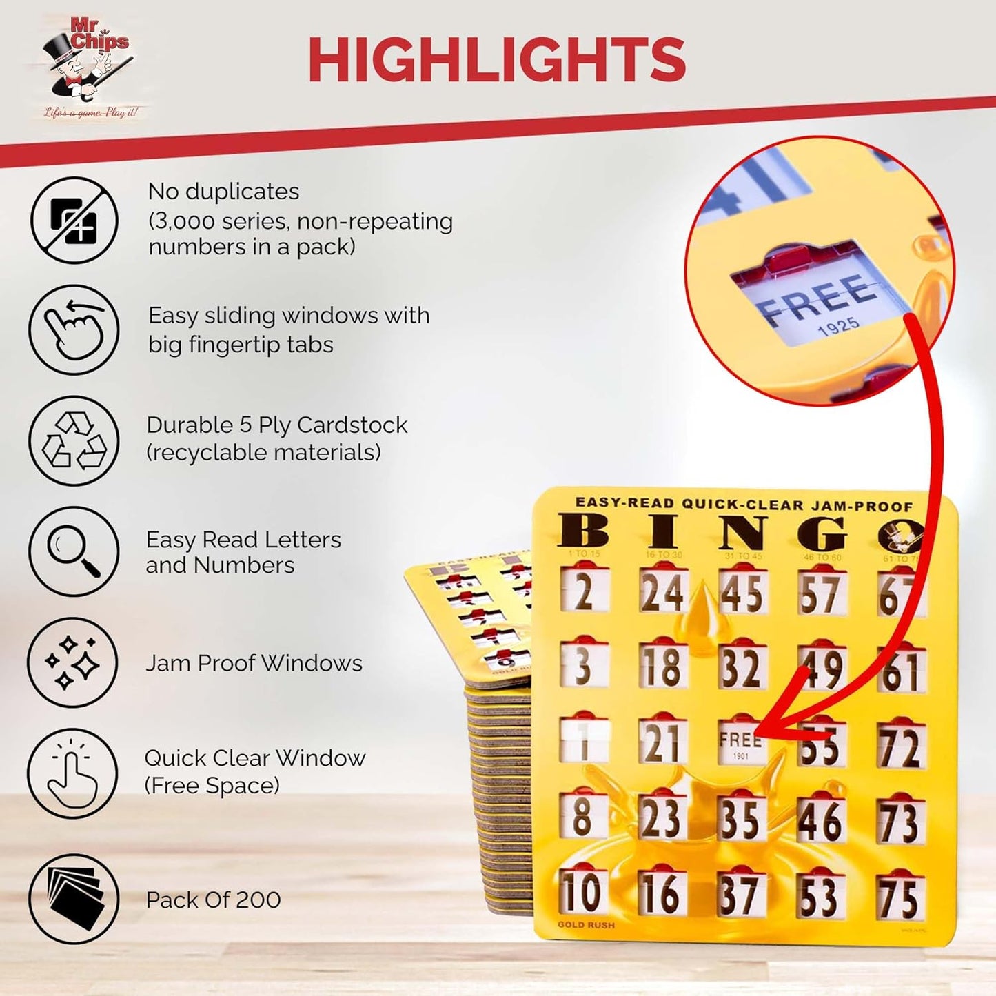 MR CHIPS Jam-Proof Easy-Read Quick-Clear Large Print Fingertip Slide Bingo Cards with Sliding Windows 200 Pack in Gold Rush Style