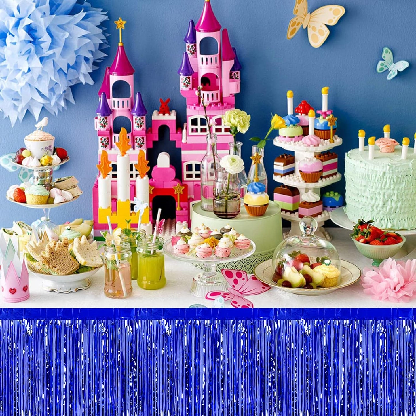 6 Pack 29x108 Inch Blue Metallic Foil Fringe Table Skirts Banner for Tinsel Streamer Garland Curtains Backdrop for Parade Floats Wedding Baby Shower Birthday Christmas Halloween Party Decoration