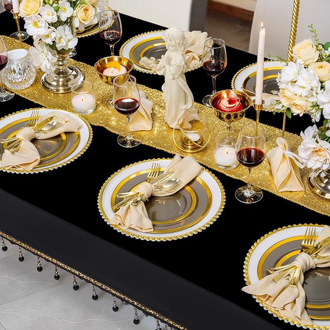 supernal 120pcs Clear Black and Gold Plastic Plates Black Plates Gold Plastic Dinnerware Include Dinner and Dessert Size for Elegant Parties, Valentine's Day Party and Wedding