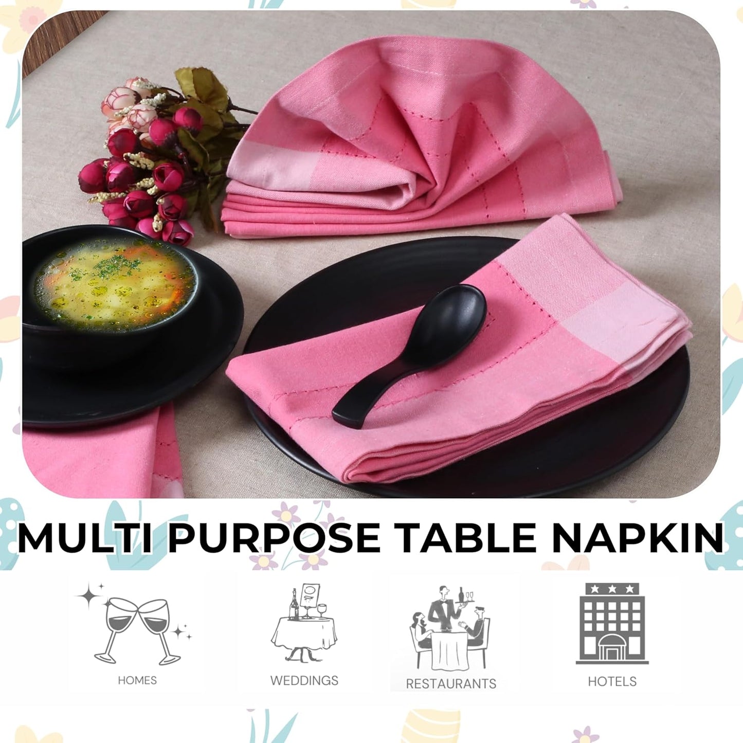 Homidate Cotton Cloth Dinner Napkins Set of 12 – 20x20 Pink Multi Double Hemstitched – Machine Washable Fabric Napkins for Weddings, Parties & Dining Tables