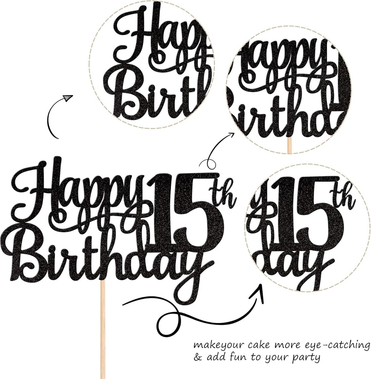 1 PCS Happy 15th Birthday Cake Topper Glitter Cheers to 15 Years Birthday Cake Pick Mis Quince 15 Fabulous Cake Decoration for Happy 15th Birthday Theme Party Decorations Supplies Black