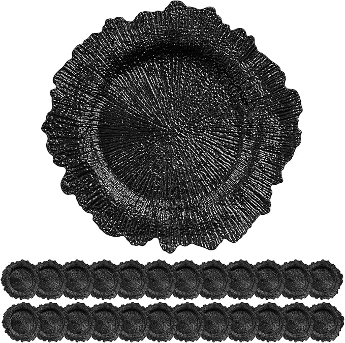 24 Pack Black Charger Plates Bulk, 13" Plastic Reef Chargers for Dinner Plates, Round Charger Plate with Floral Reef Design for Dinner Wedding Party Table Setting Decoration