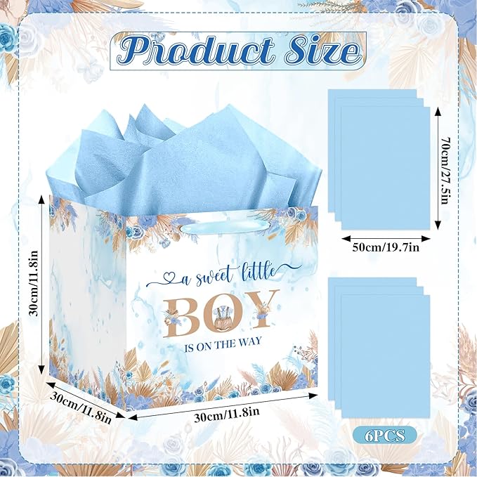 Woosytoo Sweet Baby Boy Gift Bag, Extra Large Baby Shower Square Gift Bags Blue Floral Jumbo Gifts Bag A Sweet Little Boy is on The Way Wrapping Paper Bag for Newborn Gender Reveal Party Favors