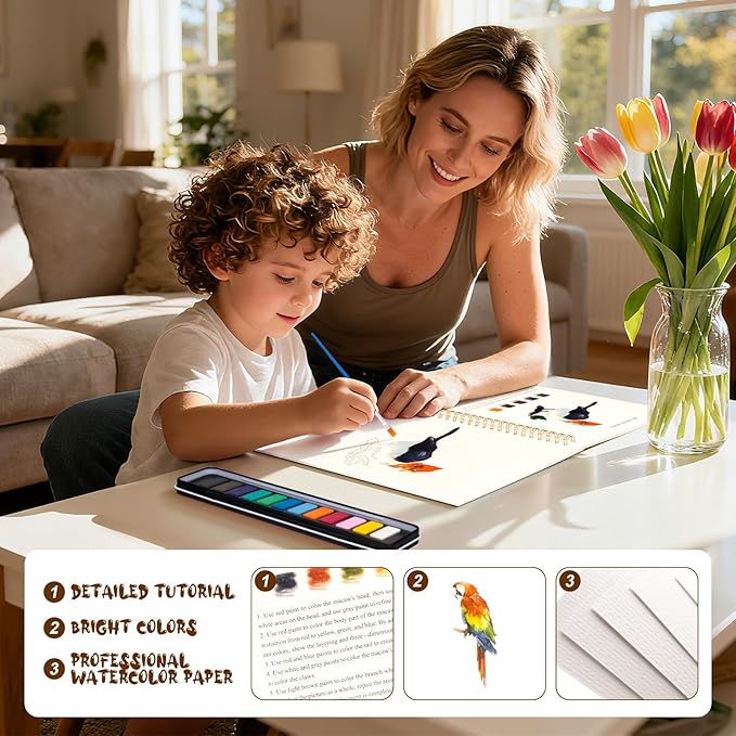 Kivzex Watercolor Workbook for Adults, Beginner Friendly Watercolor Painting Kit Birds Water Coloring Book, Nature-Themed Practice Art Gift Water Color Paint Book with Palette and Brush