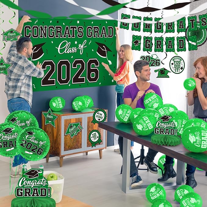 Green Themed 2026 Graduation Decorations Set - Congrats Grad Banner, Class of 2026 Backdrop, Balloons & Streamers Kit - Complete Party Supplies for High School & College Celebrations