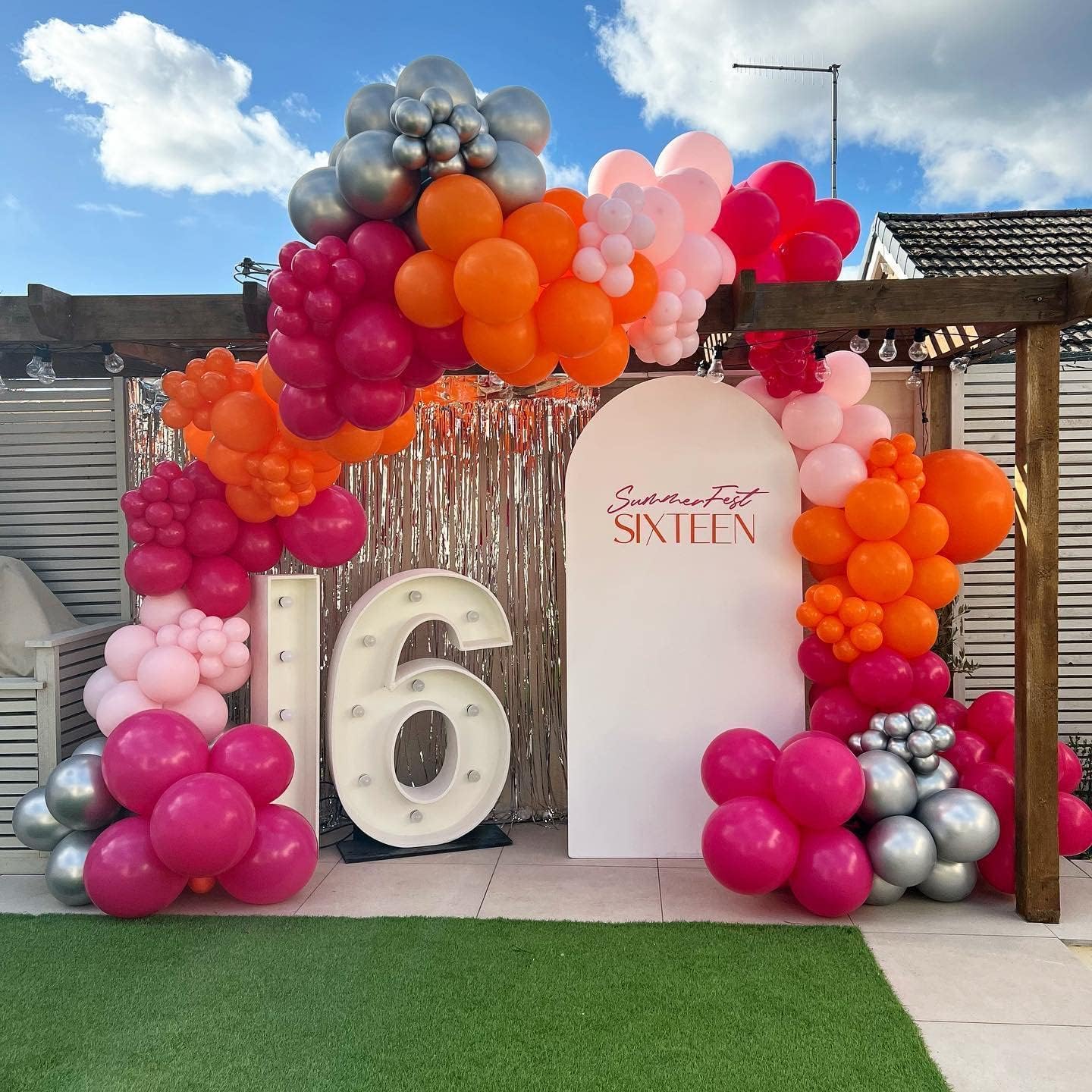 Pink and Orange Balloon Arch Kit, 180Pcs Hot Pink Orange Metallic Silver Latex Balloon Garland kit, 18 12 10 5 Inch Different Size Balloons for Birthday Baby Shower Wedding Party Decorations