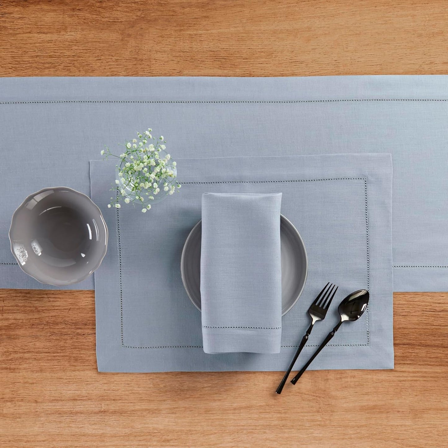 Solino Home Linen Dusty Blue Table Runner 60 Inches - Classic Hemstitch, 100% Pure Linen Coffee Table Runner 14 x 60 Inch Ideal for Dresser Tables - Fall, Autumn, Halloween, Thanksgiving
