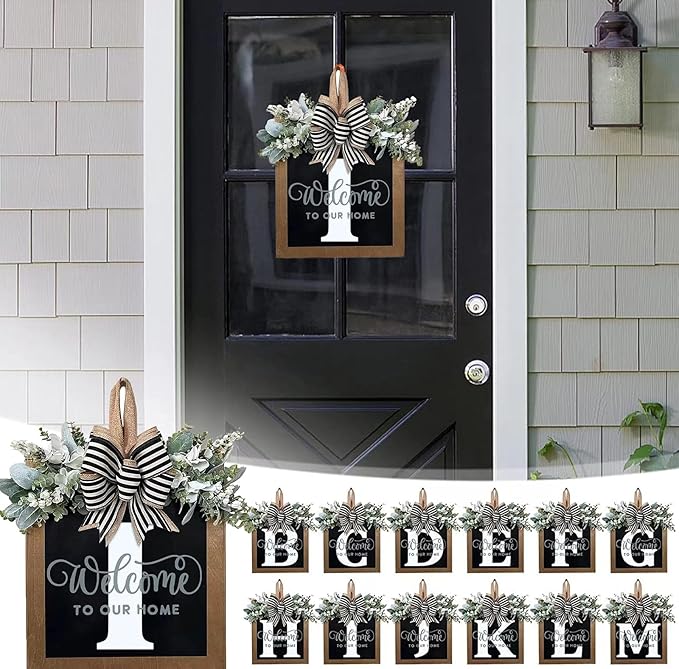 Last Name Year Round Front Door Wreath Front Porch Decoration 26 Letter Welcome Sign with Eucalyptus Garland and Bow Spring Wreaths for Front Door Outside Hanger Garland（I）