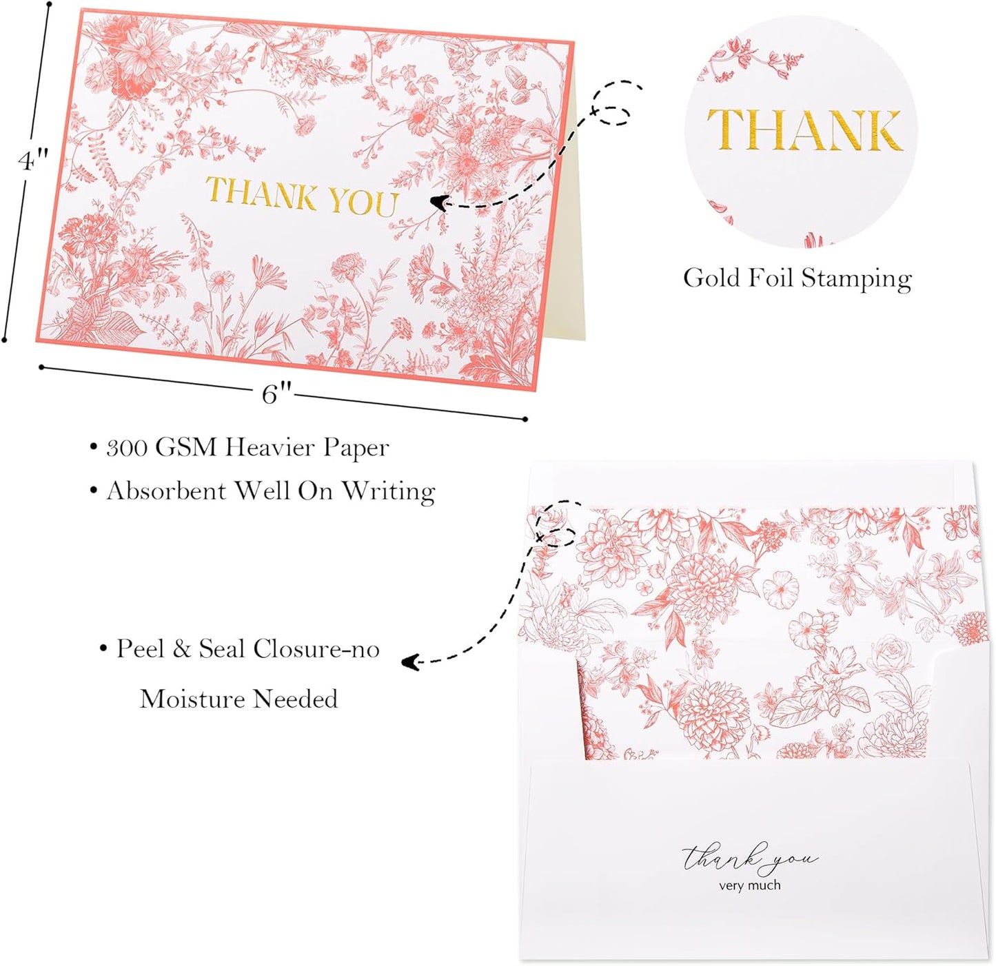 Crisky 25 Pack Pink Floral Thank You Cards with Envelopes, Gold Foil Wildflower Greeting Notes Bulk for Birthday, Baby Shower, Bridal Shower, Wedding, Graduation